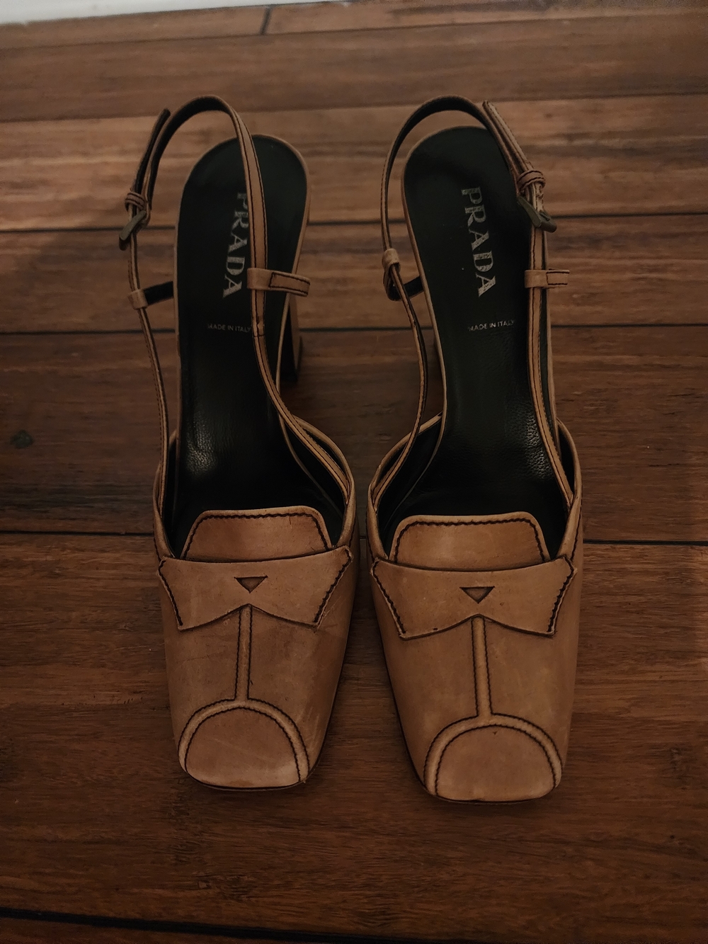 Prada Tan Leather Slingback Block Heel Sandals Size 8 - Picture 2 of 5
